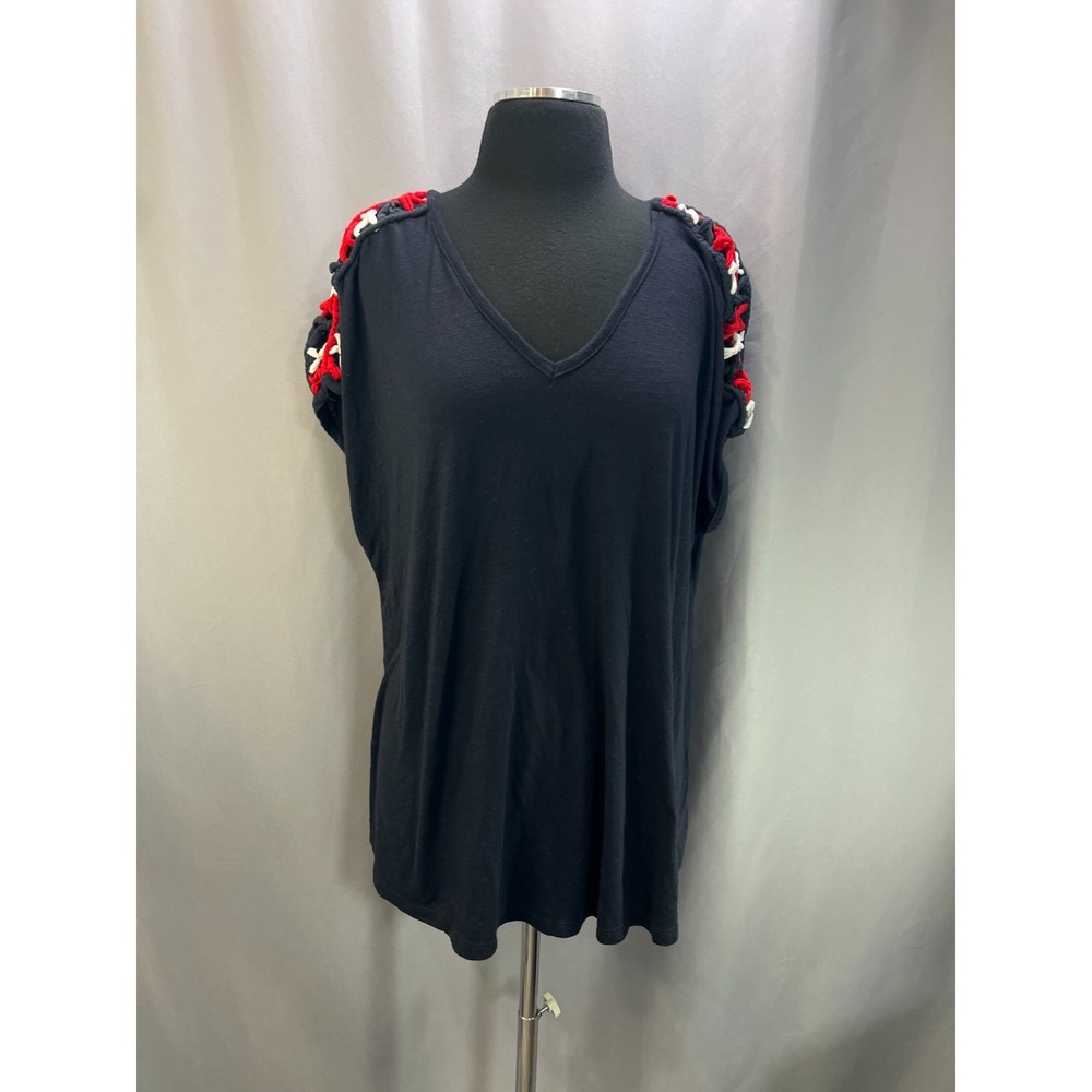 Lane Bryant Navy Swing Tee Women 18-20 Navy Blue Braided Macrame Shoulder V Neck